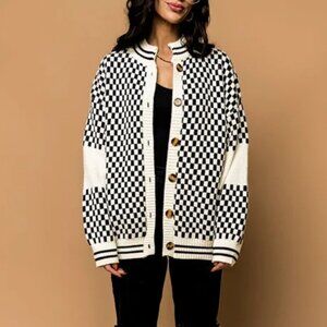 Dressed in Lala Womens O/S Cardigan Grandpa Sweater Black Cream Checker Oversize